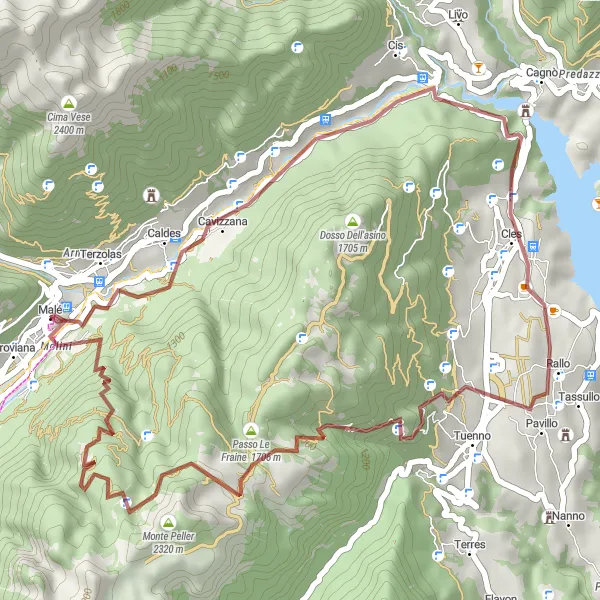 Map miniature of "Gravel Ride through Malè" cycling inspiration in Provincia Autonoma di Trento, Italy. Generated by Tarmacs.app cycling route planner