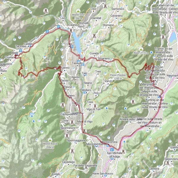 Miniatua del mapa de inspiración ciclista "Ruta de Gravel por Croce y Monte Peller" en Provincia Autonoma di Trento, Italy. Generado por Tarmacs.app planificador de rutas ciclistas
