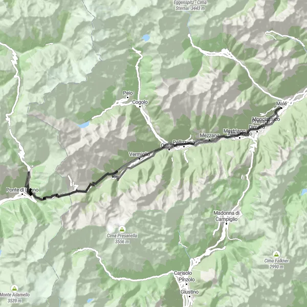 Miniatua del mapa de inspiración ciclista "Ruta en Carretera a Passo del Tonale y Ponte di Legno" en Provincia Autonoma di Trento, Italy. Generado por Tarmacs.app planificador de rutas ciclistas