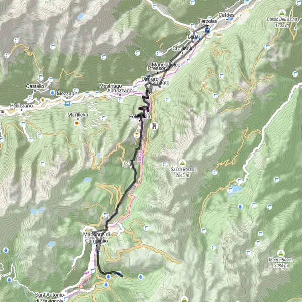 Karten-Miniaturansicht der Radinspiration "Kurze Road Tour um Malè" in Provincia Autonoma di Trento, Italy. Erstellt vom Tarmacs.app-Routenplaner für Radtouren