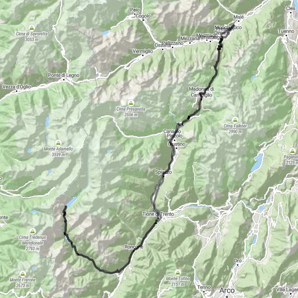 Kartminiatyr av "Veisykkelrute til Madonna di Campiglio og Sant'Antonio di Mavignola" sykkelinspirasjon i Provincia Autonoma di Trento, Italy. Generert av Tarmacs.app sykkelrutoplanlegger