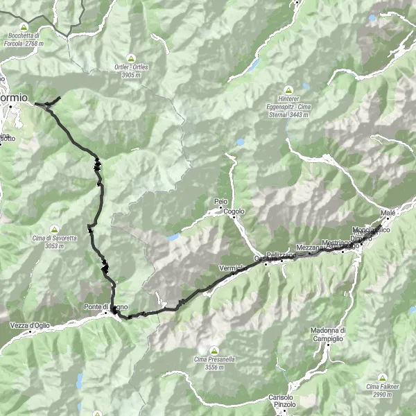 Miniatura della mappa di ispirazione al ciclismo "Giro delle Cime di Tonale" nella regione di Provincia Autonoma di Trento, Italy. Generata da Tarmacs.app, pianificatore di rotte ciclistiche