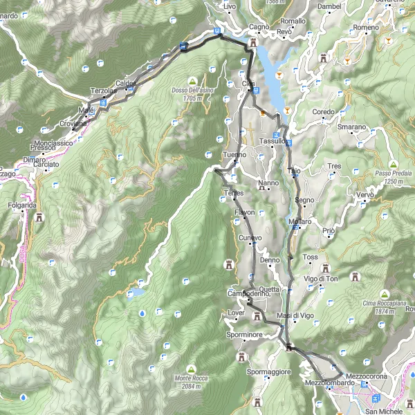 Kartminiatyr av "Äventyrlig klättring i Malè" cykelinspiration i Provincia Autonoma di Trento, Italy. Genererad av Tarmacs.app cykelruttplanerare