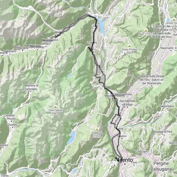 Map miniature of "Malè to Terzolas" cycling inspiration in Provincia Autonoma di Trento, Italy. Generated by Tarmacs.app cycling route planner