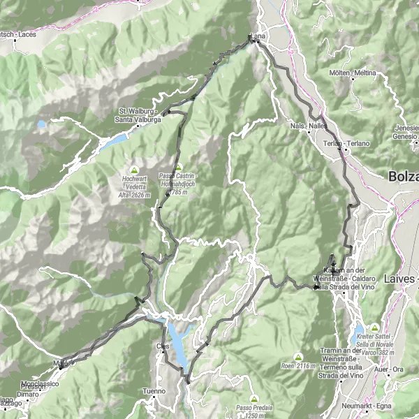 Miniature de la carte de l'inspiration cycliste "Les sommets de Trentin" dans la Provincia Autonoma di Trento, Italy. Générée par le planificateur d'itinéraire cycliste Tarmacs.app