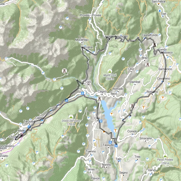 Miniatura della mappa di ispirazione al ciclismo "Giro in bicicletta da Malè - Road" nella regione di Provincia Autonoma di Trento, Italy. Generata da Tarmacs.app, pianificatore di rotte ciclistiche