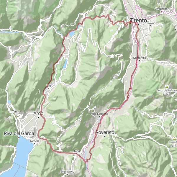 Karttaminiaatyyri "Trento kierros" pyöräilyinspiraatiosta alueella Provincia Autonoma di Trento, Italy. Luotu Tarmacs.app pyöräilyreittisuunnittelijalla