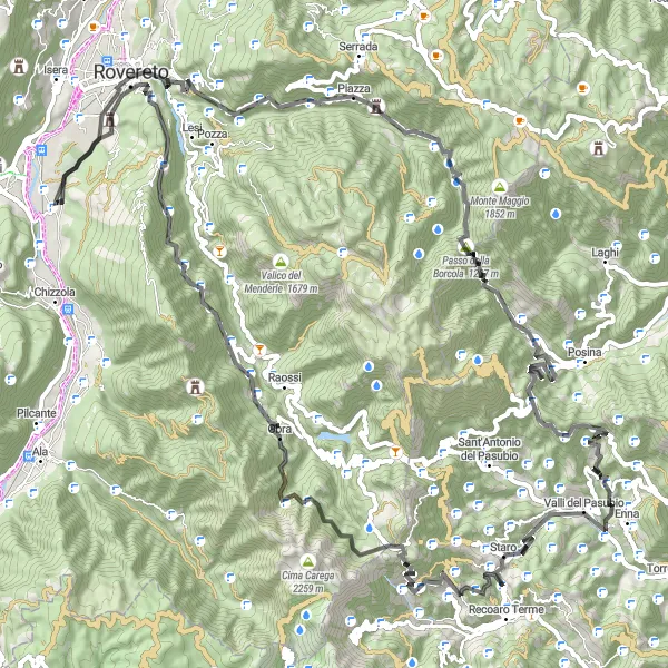 Mapa miniatúra "Náročný okruh s výhľadom na Campogrosso" cyklistická inšpirácia v Provincia Autonoma di Trento, Italy. Vygenerované cyklistickým plánovačom trás Tarmacs.app