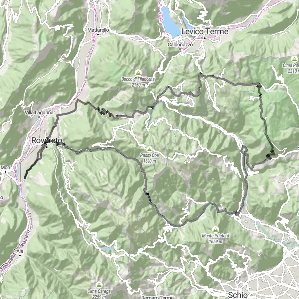 Miniature de la carte de l'inspiration cycliste "Chemins de cyclisme Marco à Marco" dans la Provincia Autonoma di Trento, Italy. Générée par le planificateur d'itinéraire cycliste Tarmacs.app