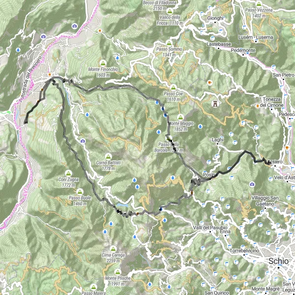 Miniature de la carte de l'inspiration cycliste "Aventure alpine autour de Marco" dans la Provincia Autonoma di Trento, Italy. Générée par le planificateur d'itinéraire cycliste Tarmacs.app