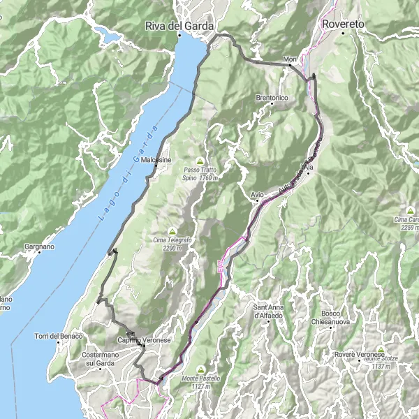 Miniaturní mapa "Cyklotrasa kolem Marco - 102 km" inspirace pro cyklisty v oblasti Provincia Autonoma di Trento, Italy. Vytvořeno pomocí plánovače tras Tarmacs.app