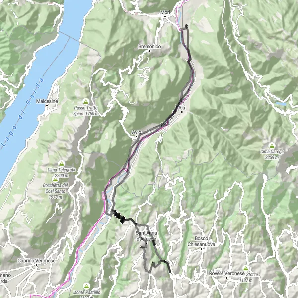 Miniatura della mappa di ispirazione al ciclismo "Il Giro delle Montagne di Rovereto" nella regione di Provincia Autonoma di Trento, Italy. Generata da Tarmacs.app, pianificatore di rotte ciclistiche