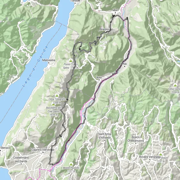 Miniaturní mapa "Cyklistická trasa kolem Marco" inspirace pro cyklisty v oblasti Provincia Autonoma di Trento, Italy. Vytvořeno pomocí plánovače tras Tarmacs.app