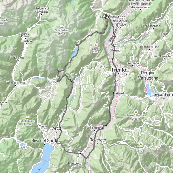 Zemljevid v pomanjšavi "Kolesarska pustolovščina med hribi in dolinami" kolesarske inspiracije v Provincia Autonoma di Trento, Italy. Generirano z načrtovalcem kolesarskih poti Tarmacs.app