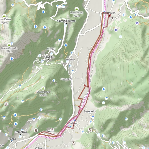 Miniatua del mapa de inspiración ciclista "Ruta Gravel a través de Nomi, Besenello y Mattarello" en Provincia Autonoma di Trento, Italy. Generado por Tarmacs.app planificador de rutas ciclistas