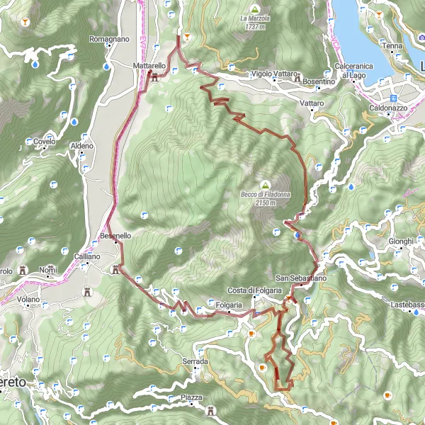 Zemljevid v pomanjšavi "Gravel izziv z raznolikimi pokrajinami" kolesarske inspiracije v Provincia Autonoma di Trento, Italy. Generirano z načrtovalcem kolesarskih poti Tarmacs.app