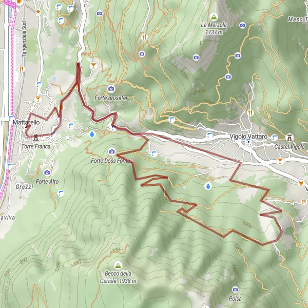 Miniatua del mapa de inspiración ciclista "Ruta Gravel a través de Novaline, Doss Da Bugo, Vigolo Vattaro y F-104" en Provincia Autonoma di Trento, Italy. Generado por Tarmacs.app planificador de rutas ciclistas
