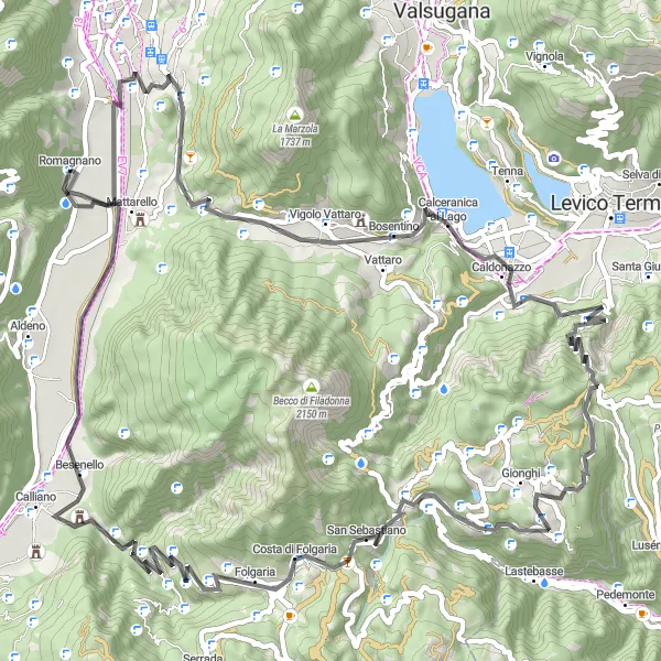 Kartminiatyr av "Utmanande vägcykling i Trentino" cykelinspiration i Provincia Autonoma di Trento, Italy. Genererad av Tarmacs.app cykelruttplanerare