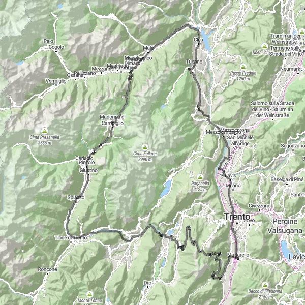 Miniatura della mappa di ispirazione al ciclismo "Sfida estrema in bicicletta attraverso Madonna di Campiglio e Passo Campo Carlo Magno" nella regione di Provincia Autonoma di Trento, Italy. Generata da Tarmacs.app, pianificatore di rotte ciclistiche