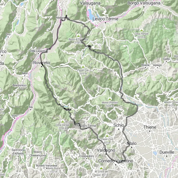 Zemljevid v pomanjšavi "Kolesarska pot skozi slikovite Trentinske Alpe" kolesarske inspiracije v Provincia Autonoma di Trento, Italy. Generirano z načrtovalcem kolesarskih poti Tarmacs.app