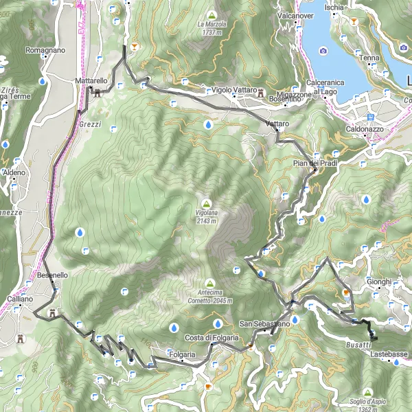 Zemljevid v pomanjšavi "Cestno kolesarjenje v hribih Trentina" kolesarske inspiracije v Provincia Autonoma di Trento, Italy. Generirano z načrtovalcem kolesarskih poti Tarmacs.app