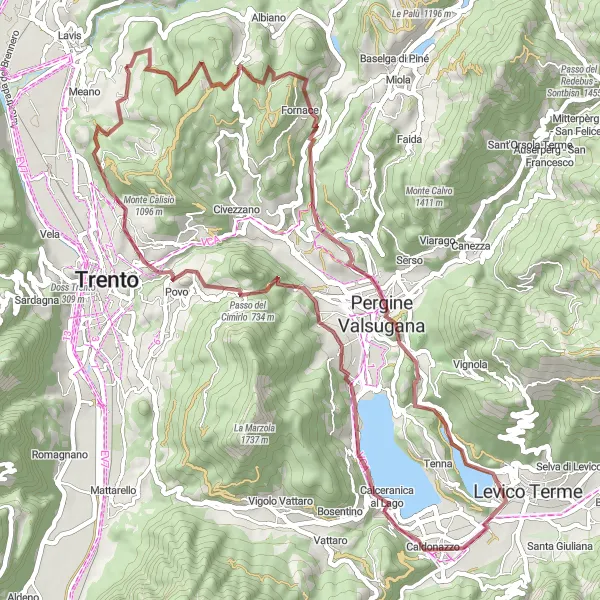 Kartminiatyr av "Grusvei eventyr til Vigo Meano" sykkelinspirasjon i Provincia Autonoma di Trento, Italy. Generert av Tarmacs.app sykkelrutoplanlegger
