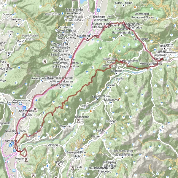 Zemljevid v pomanjšavi "Gravel Pustolovščina okoli Meana" kolesarske inspiracije v Provincia Autonoma di Trento, Italy. Generirano z načrtovalcem kolesarskih poti Tarmacs.app