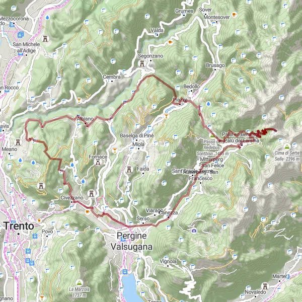 Miniatura della mappa di ispirazione al ciclismo "Traversata montana tra Castel e Dos Le Grave" nella regione di Provincia Autonoma di Trento, Italy. Generata da Tarmacs.app, pianificatore di rotte ciclistiche