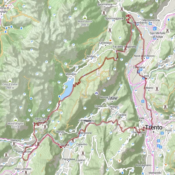 Kartminiatyr av "Utmanande grusvägstur genom Trento" cykelinspiration i Provincia Autonoma di Trento, Italy. Genererad av Tarmacs.app cykelruttplanerare