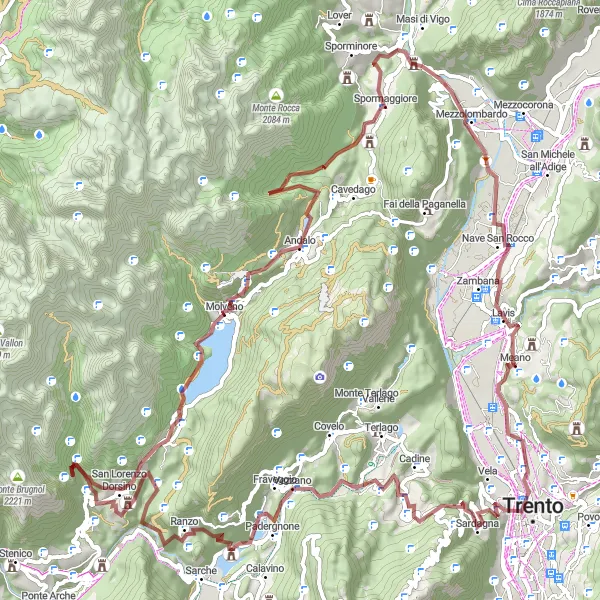Map miniature of "Mountains and Valleys Gravel Adventure" cycling inspiration in Provincia Autonoma di Trento, Italy. Generated by Tarmacs.app cycling route planner