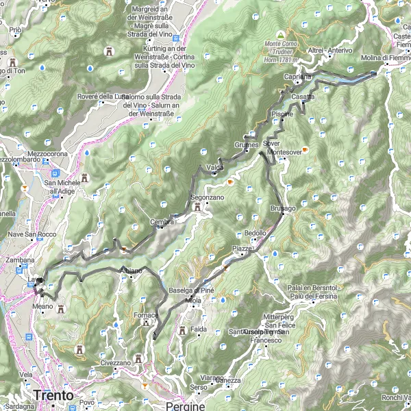 Miniature de la carte de l'inspiration cycliste "Circuit des Vallées et Châteaux en Route" dans la Provincia Autonoma di Trento, Italy. Générée par le planificateur d'itinéraire cycliste Tarmacs.app