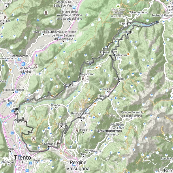Mapa miniatúra "Okružná jazda cez Sover a Baselga di Piné" cyklistická inšpirácia v Provincia Autonoma di Trento, Italy. Vygenerované cyklistickým plánovačom trás Tarmacs.app