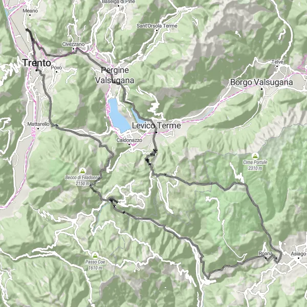 Miniatua del mapa de inspiración ciclista "Ruta de carretera a Trento" en Provincia Autonoma di Trento, Italy. Generado por Tarmacs.app planificador de rutas ciclistas
