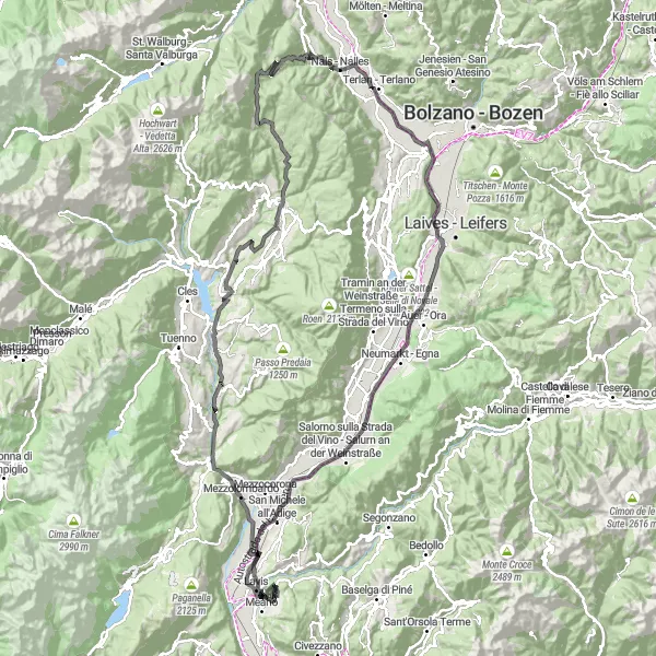 Miniaturní mapa "Cyklotrasa kolem Meano" inspirace pro cyklisty v oblasti Provincia Autonoma di Trento, Italy. Vytvořeno pomocí plánovače tras Tarmacs.app