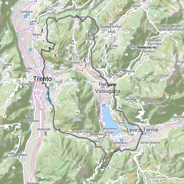 Kartminiatyr av "Historisk vägcykeltur nära Meano" cykelinspiration i Provincia Autonoma di Trento, Italy. Genererad av Tarmacs.app cykelruttplanerare