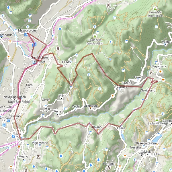 Miniatua del mapa de inspiración ciclista "Ruta de Grava de Faedo a Mezzocorona" en Provincia Autonoma di Trento, Italy. Generado por Tarmacs.app planificador de rutas ciclistas