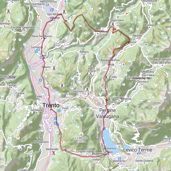 Zemljevid v pomanjšavi "Gravel round-trip from Mezzocorona via Faedo and Trento" kolesarske inspiracije v Provincia Autonoma di Trento, Italy. Generirano z načrtovalcem kolesarskih poti Tarmacs.app