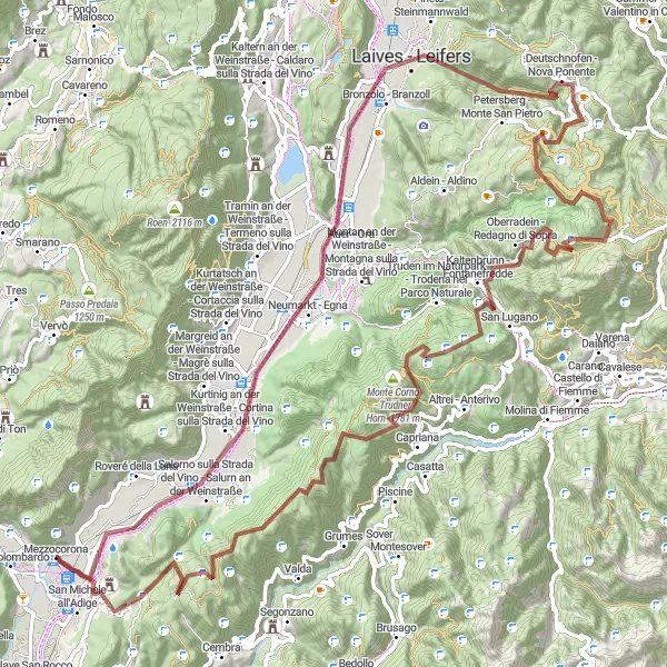 Miniaturekort af cykelinspirationen "Vinmarker og bjergtoppe" i Provincia Autonoma di Trento, Italy. Genereret af Tarmacs.app cykelruteplanlægger