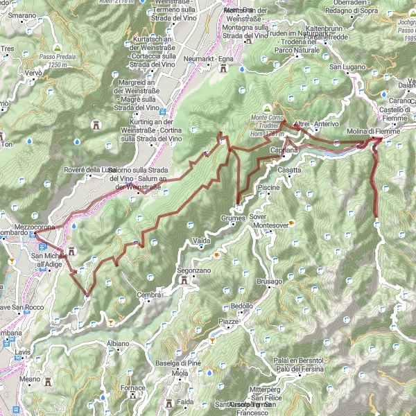 Miniatua del mapa de inspiración ciclista "Aventura en bicicleta por senderos de grava cerca de Mezzocorona" en Provincia Autonoma di Trento, Italy. Generado por Tarmacs.app planificador de rutas ciclistas