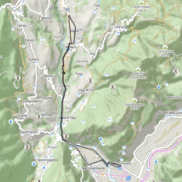 Kartminiatyr av "Kort landsvägscykling i Mezzocorona" cykelinspiration i Provincia Autonoma di Trento, Italy. Genererad av Tarmacs.app cykelruttplanerare