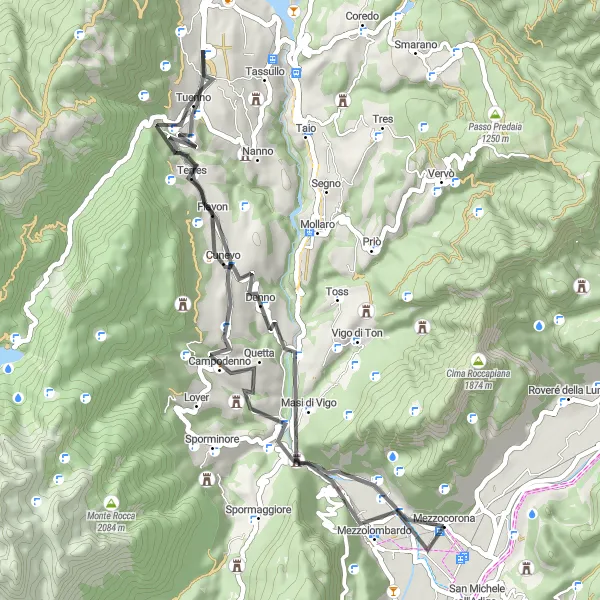Map miniature of "Cunevo Loop" cycling inspiration in Provincia Autonoma di Trento, Italy. Generated by Tarmacs.app cycling route planner
