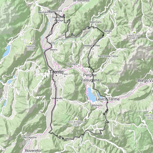Kartminiatyr av "Från Mezzocorona till San Michele all'Adige via Passo del Cost" cykelinspiration i Provincia Autonoma di Trento, Italy. Genererad av Tarmacs.app cykelruttplanerare
