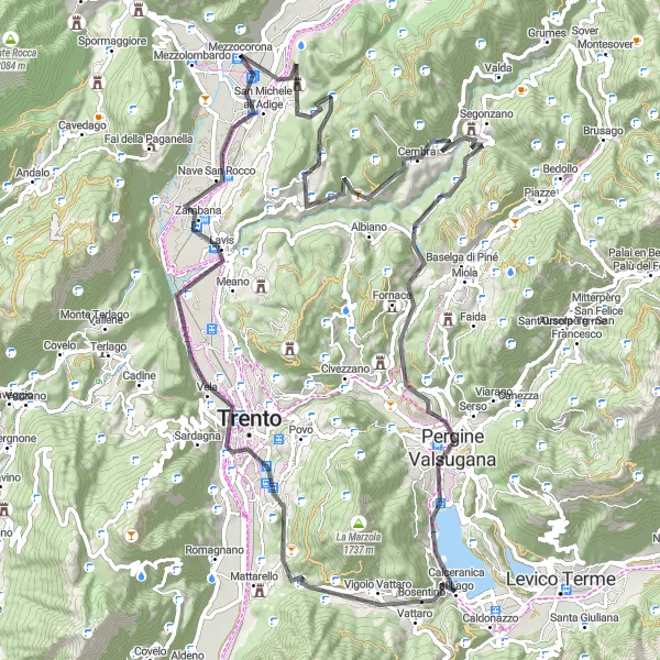 Zemljevid v pomanjšavi "Road round-trip from Mezzocorona via Faedo and Trento" kolesarske inspiracije v Provincia Autonoma di Trento, Italy. Generirano z načrtovalcem kolesarskih poti Tarmacs.app