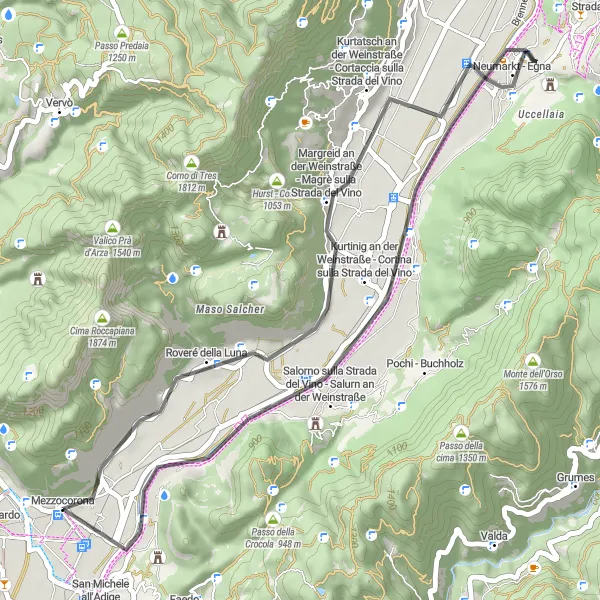 Kartminiatyr av "Vinprovning på landsvägarna i Trentino-Alto Adige" cykelinspiration i Provincia Autonoma di Trento, Italy. Genererad av Tarmacs.app cykelruttplanerare