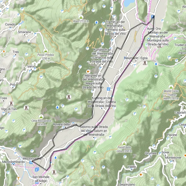 Zemljevid v pomanjšavi "Cestna pot do Monte di Mezzocorona" kolesarske inspiracije v Provincia Autonoma di Trento, Italy. Generirano z načrtovalcem kolesarskih poti Tarmacs.app