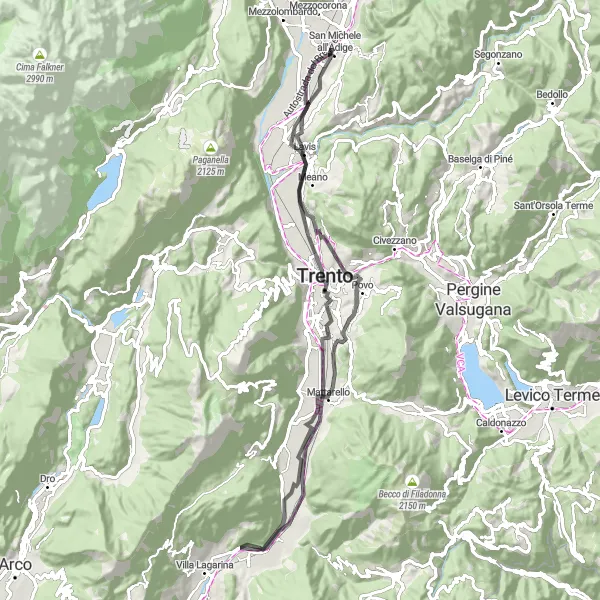 Miniaturní mapa "Okružní cesta kolem Trenta" inspirace pro cyklisty v oblasti Provincia Autonoma di Trento, Italy. Vytvořeno pomocí plánovače tras Tarmacs.app