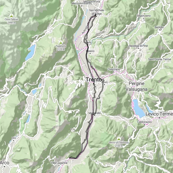 Miniature de la carte de l'inspiration cycliste "L'Âme de Trente et ses Environs" dans la Provincia Autonoma di Trento, Italy. Générée par le planificateur d'itinéraire cycliste Tarmacs.app