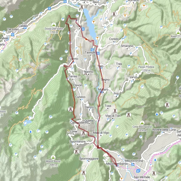 Mapa miniatúra "Gravelová trasa cez Cles a Taio" cyklistická inšpirácia v Provincia Autonoma di Trento, Italy. Vygenerované cyklistickým plánovačom trás Tarmacs.app