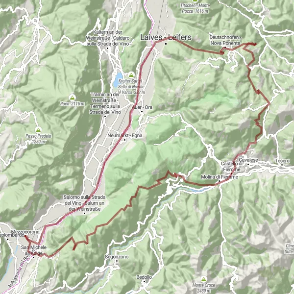 Kartminiatyr av "Äventyrlig Grusvägsrunda runt Mezzolombardo" cykelinspiration i Provincia Autonoma di Trento, Italy. Genererad av Tarmacs.app cykelruttplanerare