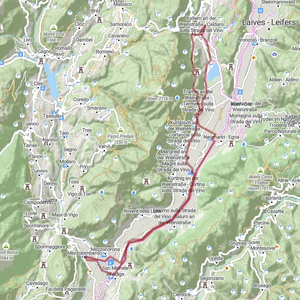 Miniature de la carte de l'inspiration cycliste "Les collines de la Strada del Vino en gravel" dans la Provincia Autonoma di Trento, Italy. Générée par le planificateur d'itinéraire cycliste Tarmacs.app
